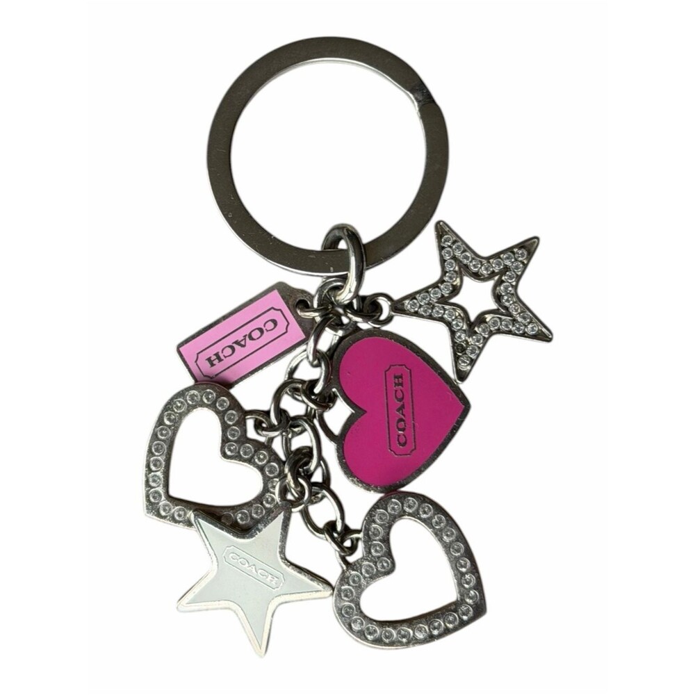 Coach Heart Star Charm Keychain Pink Enamel Crystal Rhinestone Bag Charm Key Fob